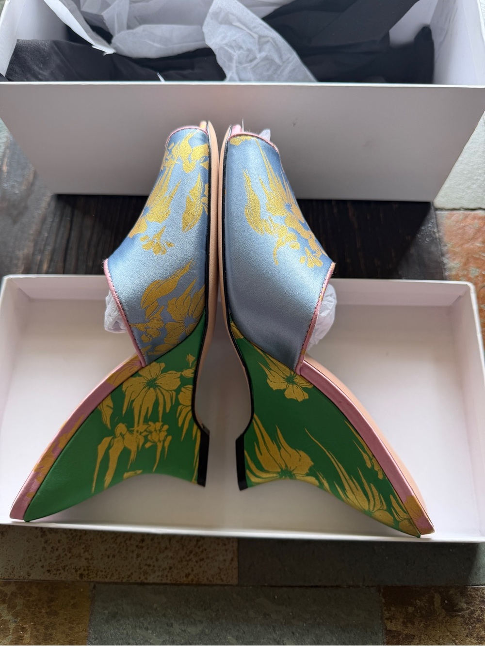 Cynthia Rowley Blue and Yellow Floral Satin Wedge Mules with Pink Trim - Picture 3 of 9